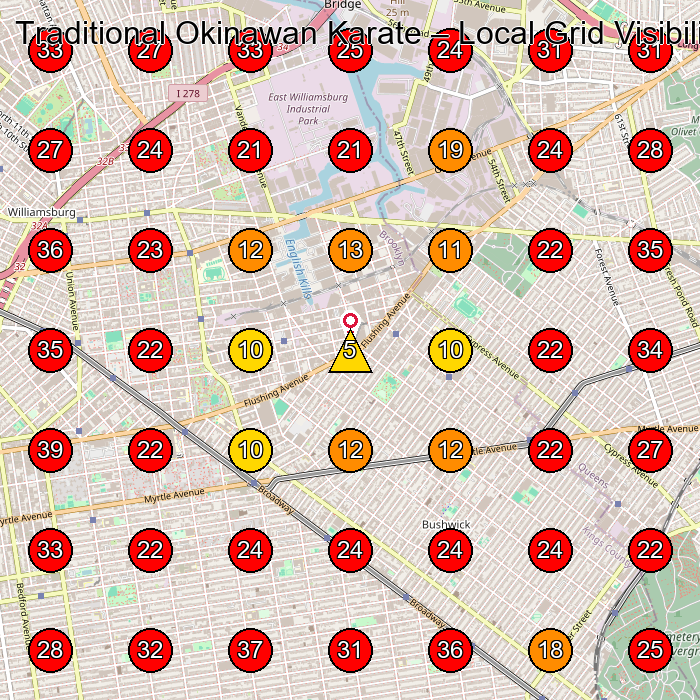 Traditional Okinawan Karate GeoGrid visibility map for Martial Arts School in Brooklyn